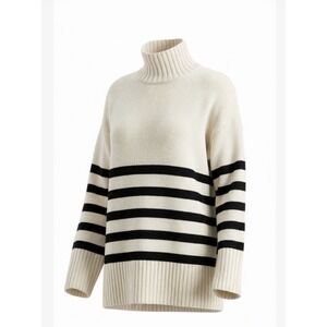 Commense Striped Turtleneck Sweater Womens M Cream Black Ribbed Minimalist‎